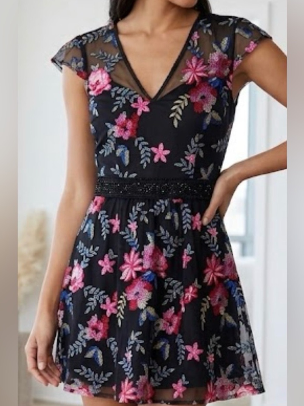 Aqua Black Floral Midi Dress